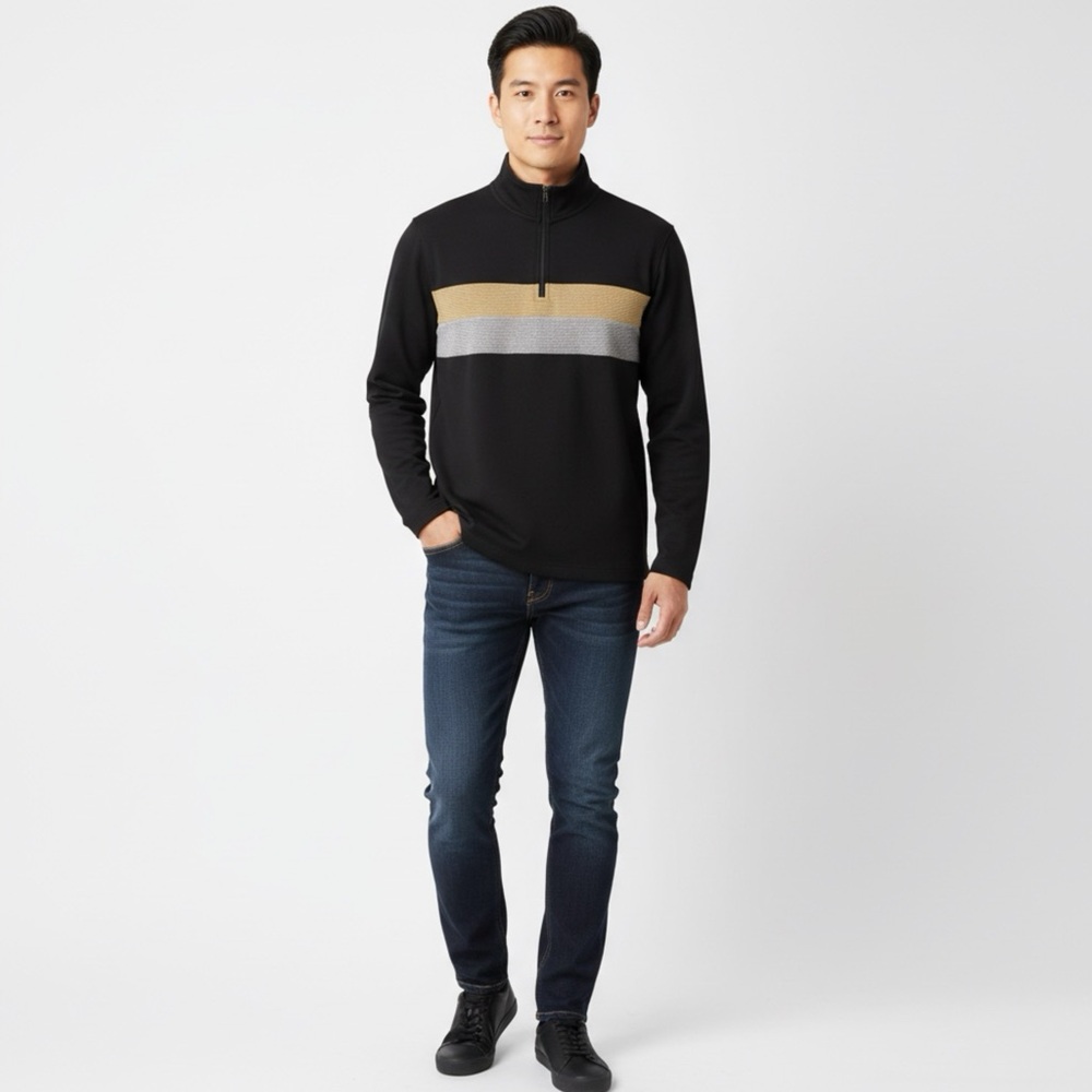 Men' Quarter Zip Sweater with gold and gray stripes